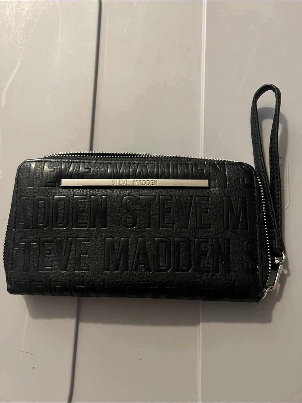 Steve Madden Black Embossed Zip-Around Wristlet